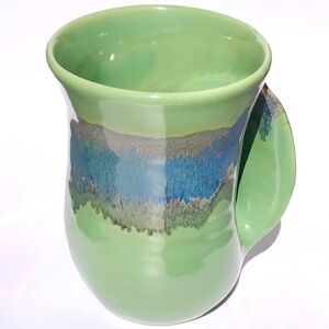 Left Handed Mug Neher Signed Pottery Green Blue Drip Glossy Glaze 2017 Tall Cup